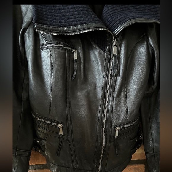 Michael Kors Black/Blue Leather Bomber jacket - Picture 4 of 6